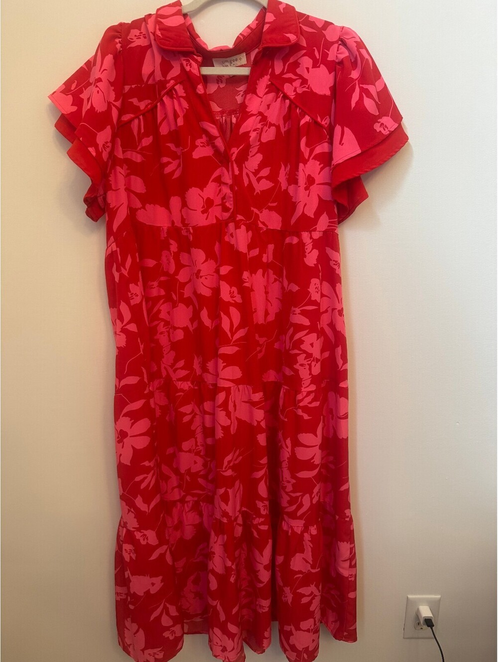 Umgee USA XL Red and Pink Floral Print Midi Dress